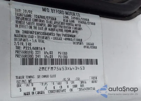 2003 Mercury Grand Marquis Ls from USA, damaged, VIN 2MEFM75W53X643453